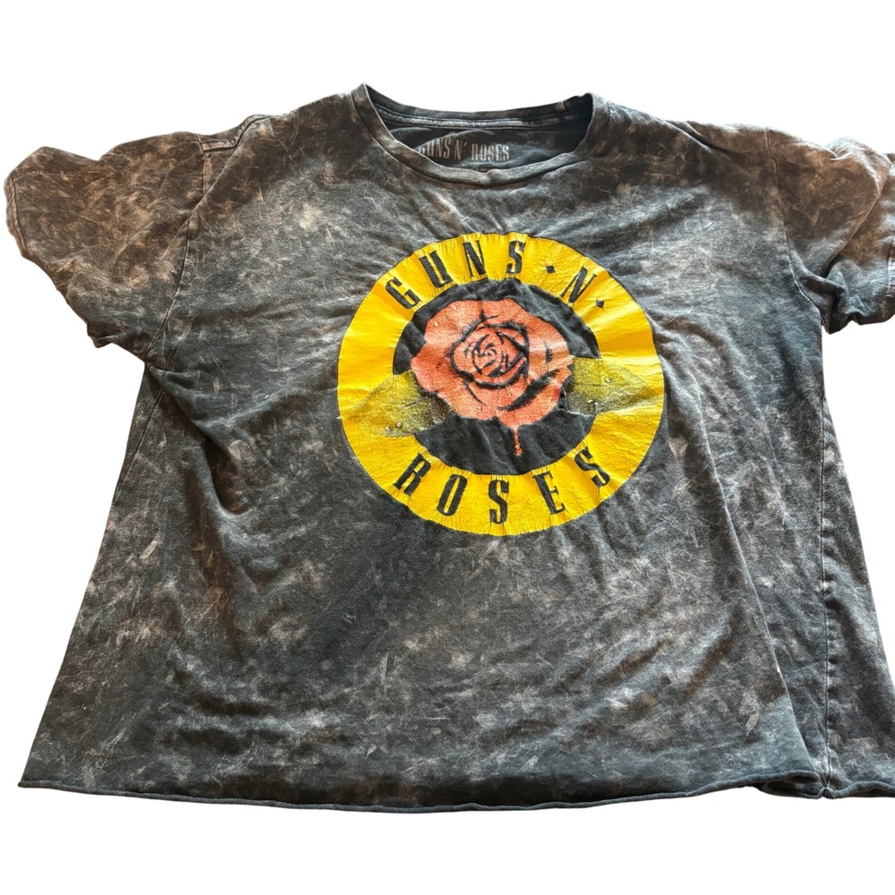 Guns N Roses Acid Wash Graphic T-Shirt Grey Raw Hem Band Tee Large